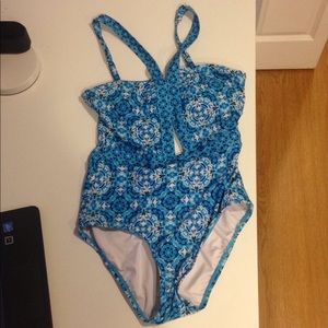 BLUE FLORAL BATHING SUIT ONE PIECE CUTE SIZE SMALL